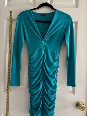Guess Teal Ruched V-Neck Long-Sleeve Sheath Dress